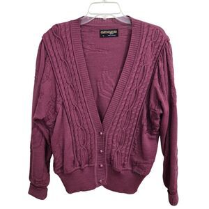Vintage‎ Geiger Pure Wool Cable Knit Cardigan Size 38/6 Burgundy Floral Back EUC